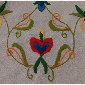 Large Vintage Norwegian Embroidered Tablecloth Linen Red Blue Swedish Floral 62"